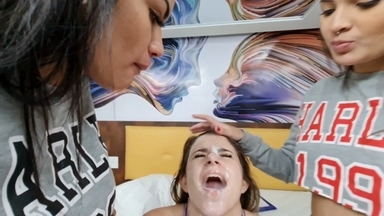 Spitting Gang Bang Party: Two Brunettes Soak Their Roommate